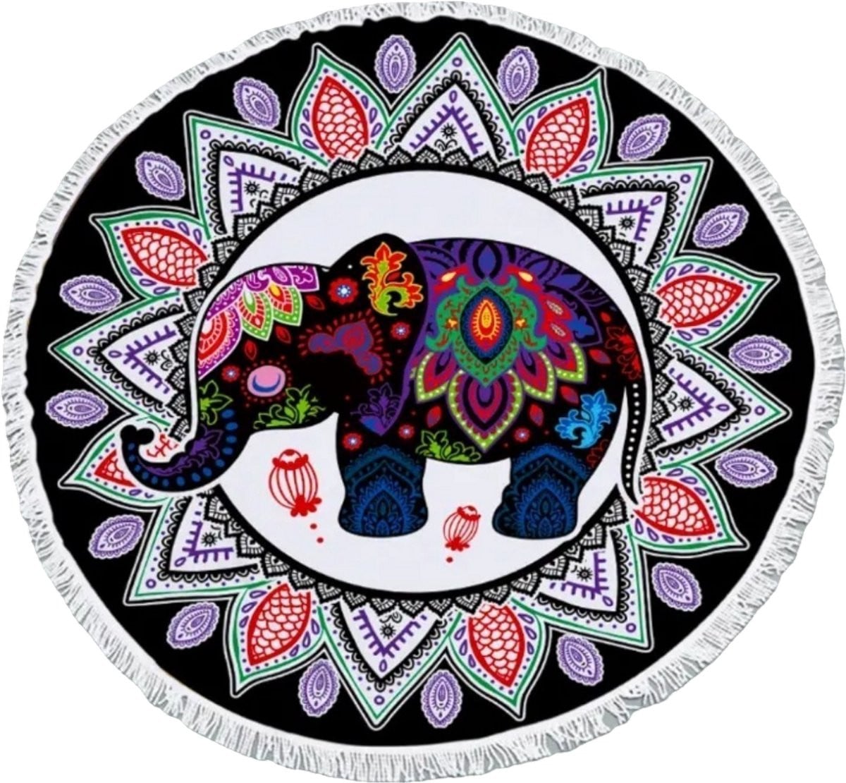 Mj Joys® Strandlaken Rond Olifant Mandala - Zwart - Diameter: 150 cm