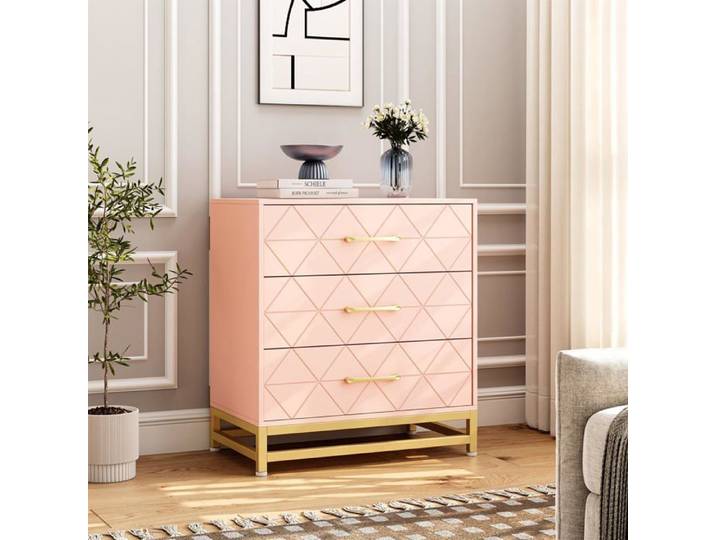Commode moderne - LUNSY - Poignées dorées - Lignes texturées - Grande capacité de rangement - 3 tiroirs