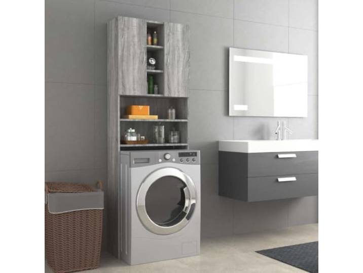 LPERTGFHU Waschmaschinenschrank, Badezimmerschrank mit 2 Türen & 9 Fächern Grau Sonoma Optik, Platzsparendes Regal, Für Bad & Waschraum