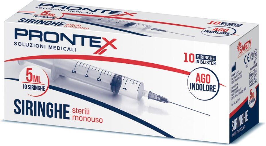 SAFETY SpA Prontex Siringhe Sterili Monouso Ago Indolore, Prontex, Siringhe Sterili, 10 Pezzi, Siringhe 5ml per Uso Medicale