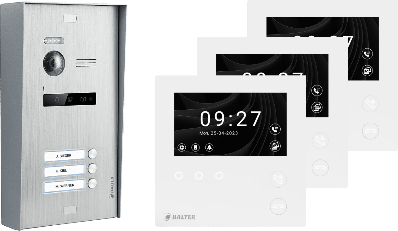 BALTER EVO HD MINI Aufputz Video Türsprechanlage Silber Set 3 Teilnehmer 3x 4,3" Monitor