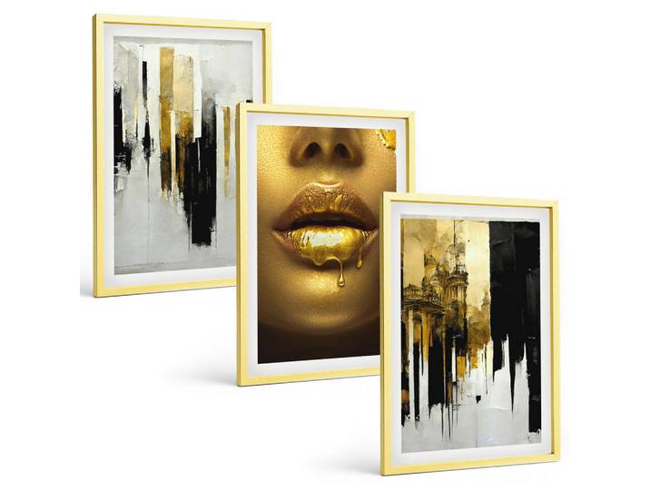 Tulup Bilder SET 3er Set - 40x60 cm Goldrahmen - Abstrakte Porträtmalerei, Goldfarben, Kunststoff, Rechteckig, 40x60 cm, gerahmt, Bilder & Rahmen, Bilder