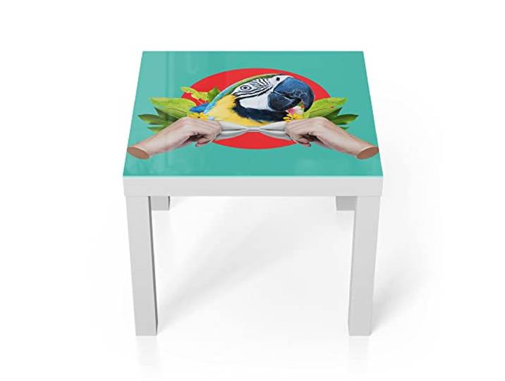 DEQORI Glastisch weiß klein 55x55 cm Motiv Vornehmer Papagei ausgefallener Beistelltisch aus Glas Hochglanz Couchtisch fürs Wohnzimmer moderner Couch Tisch mit Design