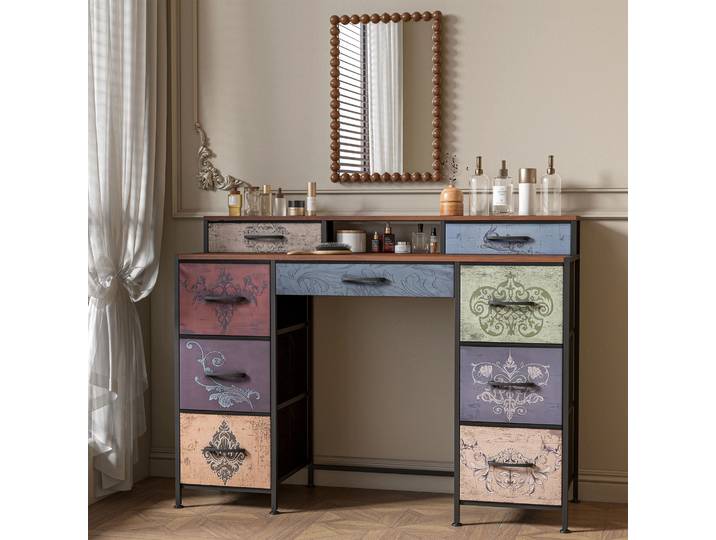 Coiffeuse Rosahqnda à 9 tiroirs, commode, commode en tissu, structure en métal, tiroirs en tissu 121x40x91,2cm