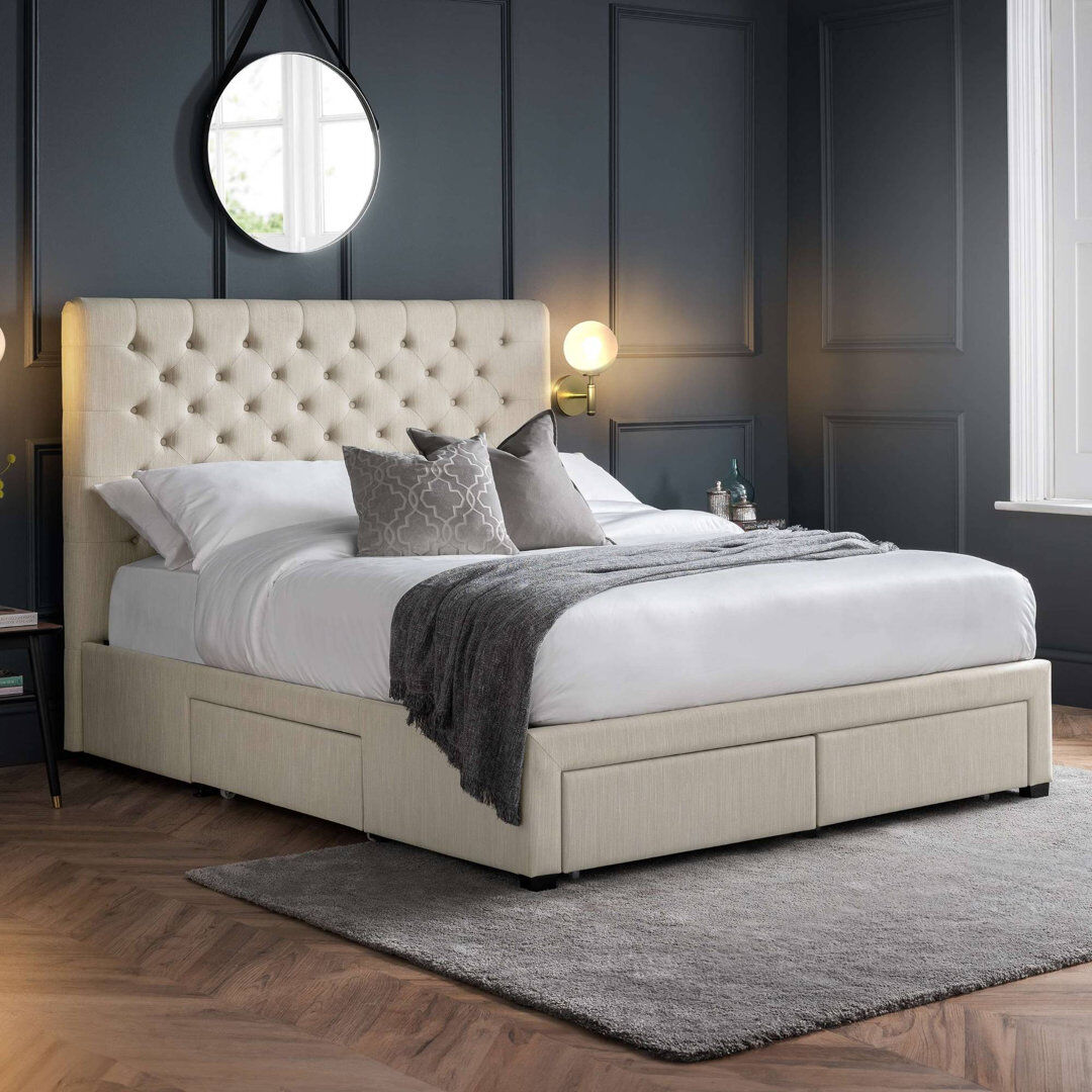 Wade Logan Rishi Upholstered Drawers Bed Cream Super King (6')