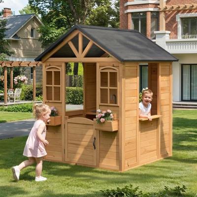 Erommy Kids Wooden Adventure Cottage Playhouse, Outdoor Playhouse with Functional Door, Windows, Service Station and Flower Pot Holders