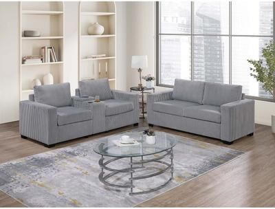 Esofastore Built In USB 2pc Sofa Set Light Gray Finish Cup Holder Tapered Legs