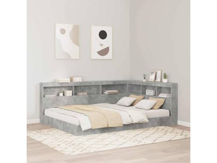 RJPLMFV Bettkopfteil, Stauraum, grau, Beton, 150 cm, Holz L-Form, stabile Regale, integrierte Ladestation, modernes Design für Schlafzimmer