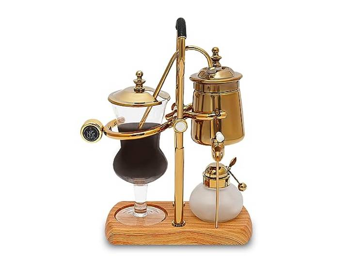 Belgische/Belgische Siphon-Kaffeemaschine, luxuriöse Royal Family Balance Siphon-Kaffeemaschine, Vakuum-Brühsystem, doppelt geriffelter Drehpunkt mit T-Griff, Vintage-Klassiker, Retro-Luxus-Gold