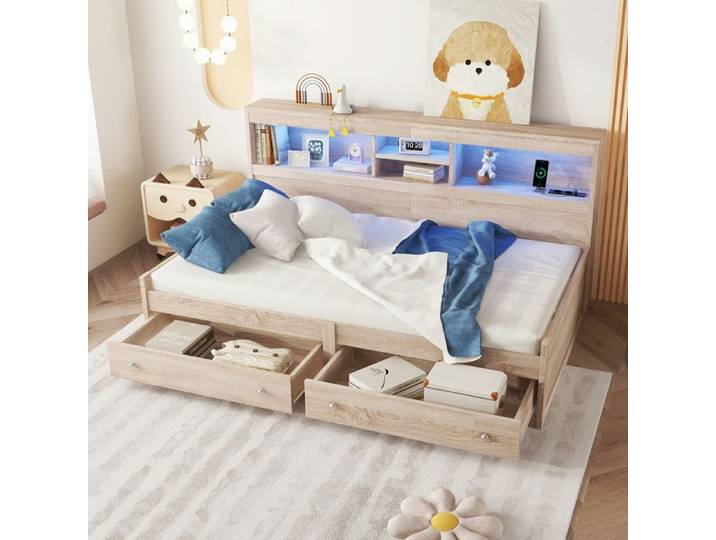 lit adulte daybed rangement 90x200 avec tiroirs USB LED en panneau de particules et MDF coloris naturel Grjofek