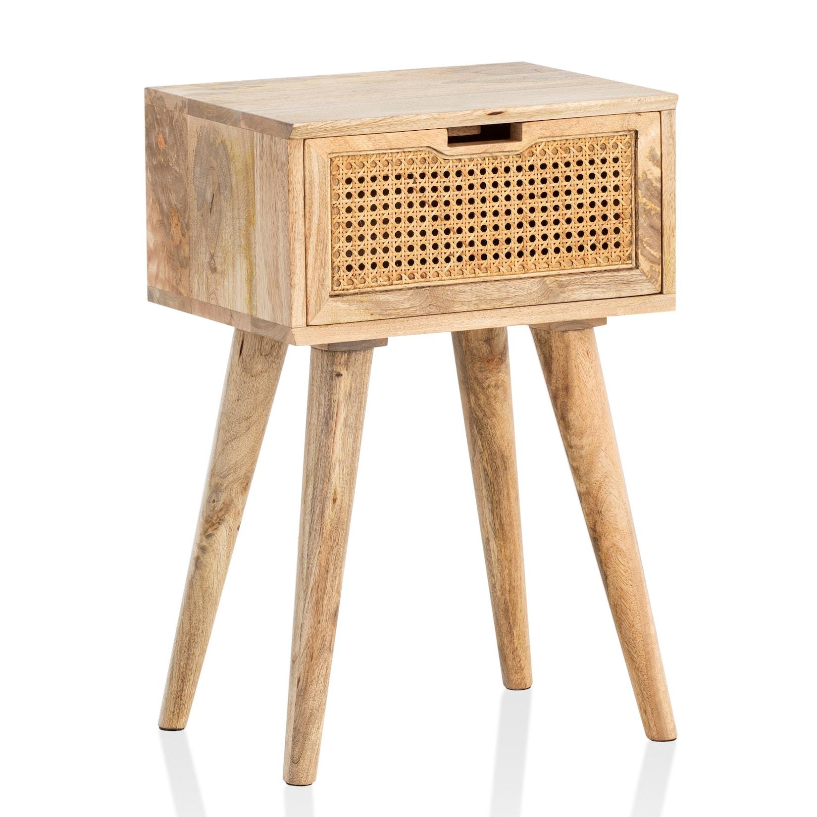 Nachtkonsole Massivholz Rattan & Schublade Nachttisch Boho Design Nachtkästchen