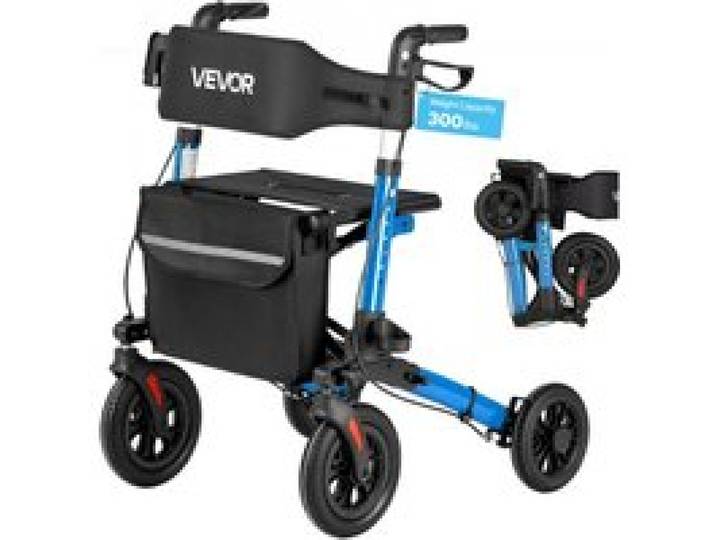 VEVOR Rollator 3-Fach Faltbar mit Sitz, Leichter Gehwagen mit 4 Reifen, Gehhilfe bis 136 kg mit Rückenlehne Tasche Gehstockhalter, Höheverstellbare Laufhilfe mit Feststellfunktion für Senioren, Blau