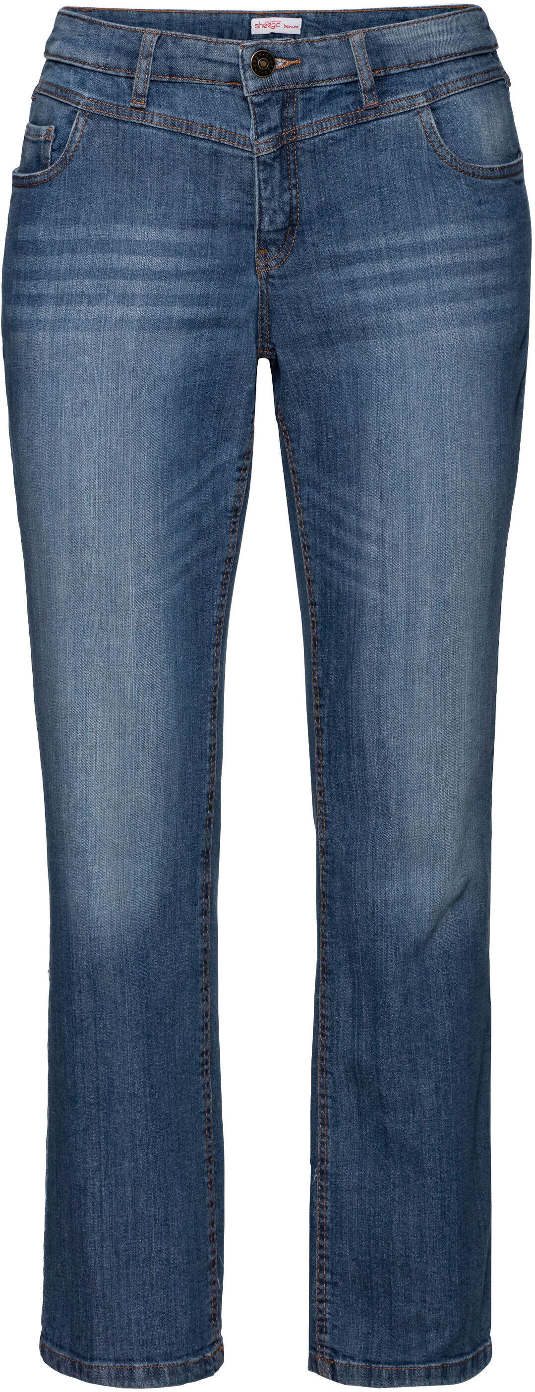 Bequeme Jeans SHEEGO "Stretch-Jeans Gerade Jeans mit Used-Effekten", Damen, Gr. 96, L-Gr, blau (blau denim), Modisch, Jeans Bequeme Jeans, »Die Gerade« mit Used-Effekten