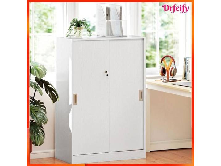 Armoire de bureau - AKOZON - 8944 - 2 portes coulissantes verrouillables - 2 étagères - Blanc