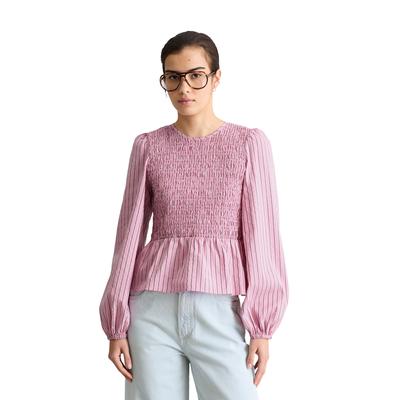 Langarmbluse MARC O'POLO DENIM "mit gesmoktem Oberteil", Damen, Gr. L, light pink, Obermaterial: 69% Baumwolle, 31% Lyocell, gestreift, slim fit bauchfrei, Manschette, Blusen