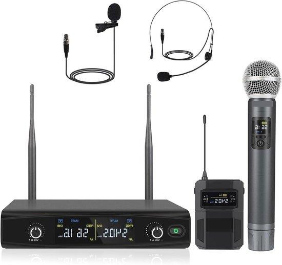 Draadloze Microfoon Set met Lavalier en Handheld Microfoon - Tweekanaals UHF Ontvanger - Zwart