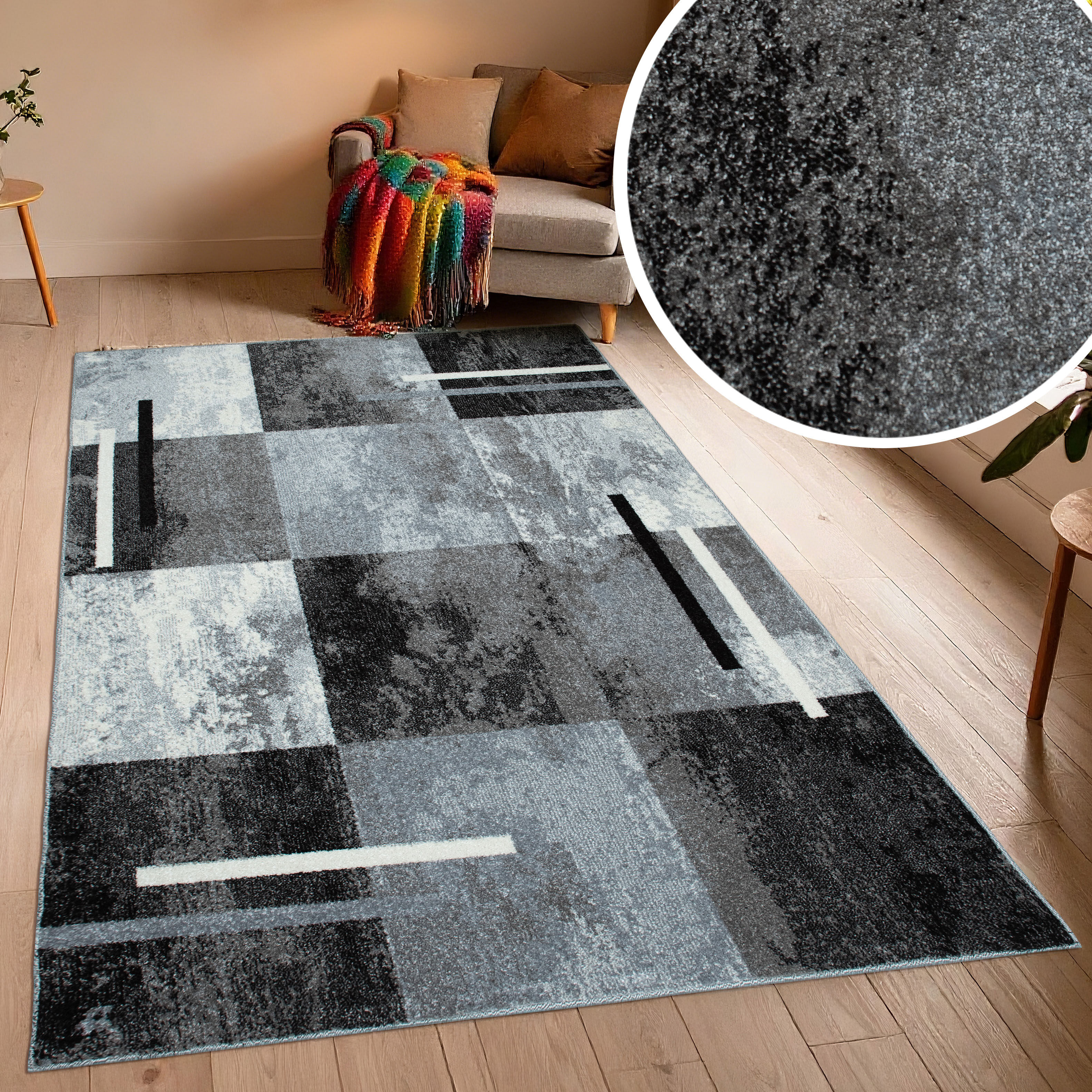 Teppich GOODPRODUCT "Cube, Karo Muster mit 3D-Design", grau, B:120cm H:9mm L:180cm, Kunstfaser, Teppiche, Teppich, Kasten, geometrisch, Patchwork, Wohnzimmer, Schlafzimmer grau B : 120cm 1 Stk., 9mm, L: 180cm
