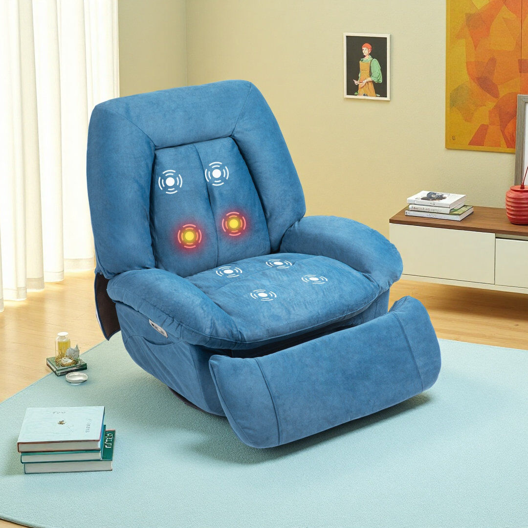 Brayden Studio 300lbs Electric Massage Swivel Recliner With Heat & Voice Control - Wide Seat Oversized Padded Power Recliner With Lumbar Pillow, Fabric Massaging Cha Blue 101cm H X 96cm W X 100cm D