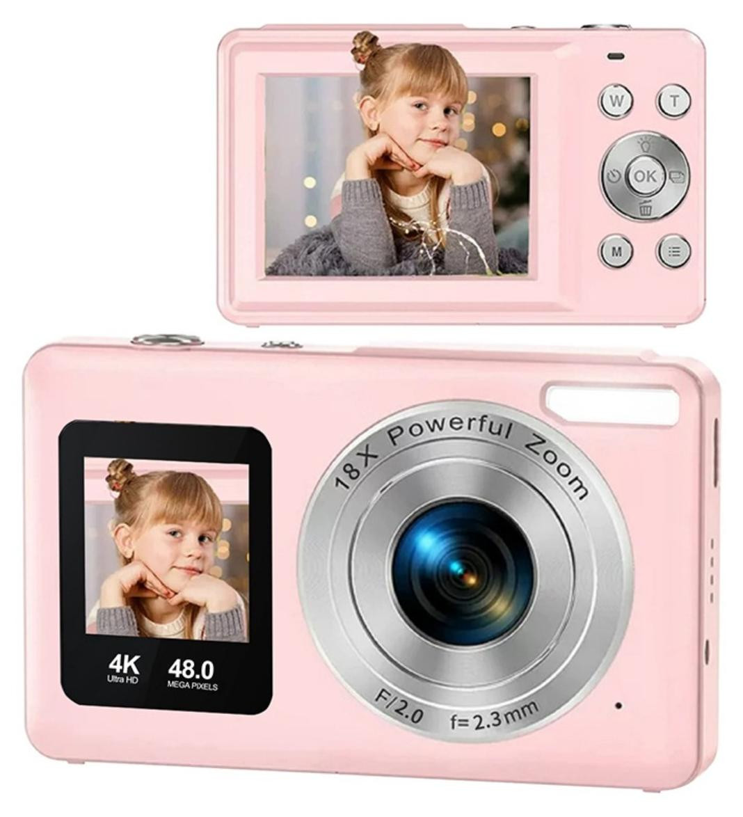 INF Dual-screen digitale camera met dubbele IPS-displays, 4K 30fps, 18x digitale zoom en 5MP AF-lens, Roze