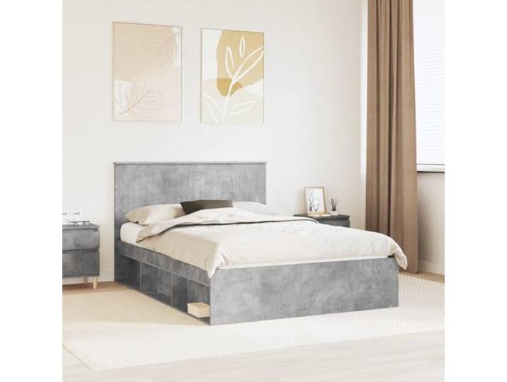 Massives Kiefernholz Modernes minimalistisches Design Bettgestell Grau 140 Bettrahmen mit Kopfteil Beton 140x200 cm Massives Kiefernholz Stabiler Lattenrost Modernes Bettgestell Schlafzimmer Möbel