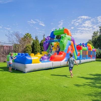 HeroKiddo 42 ft Inflatable Obstacle Course with Water Slide, 12 ft Tall, Kids Party Bounce House, Air Blower Included