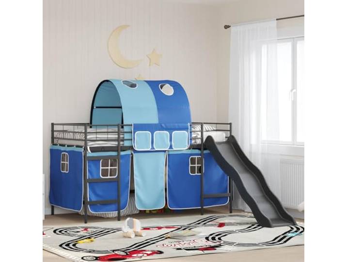 RJPLMFV Hochbett für Kinder, Bogen mit Rutsche, Schwarz und Blau, 90 x 200 cm