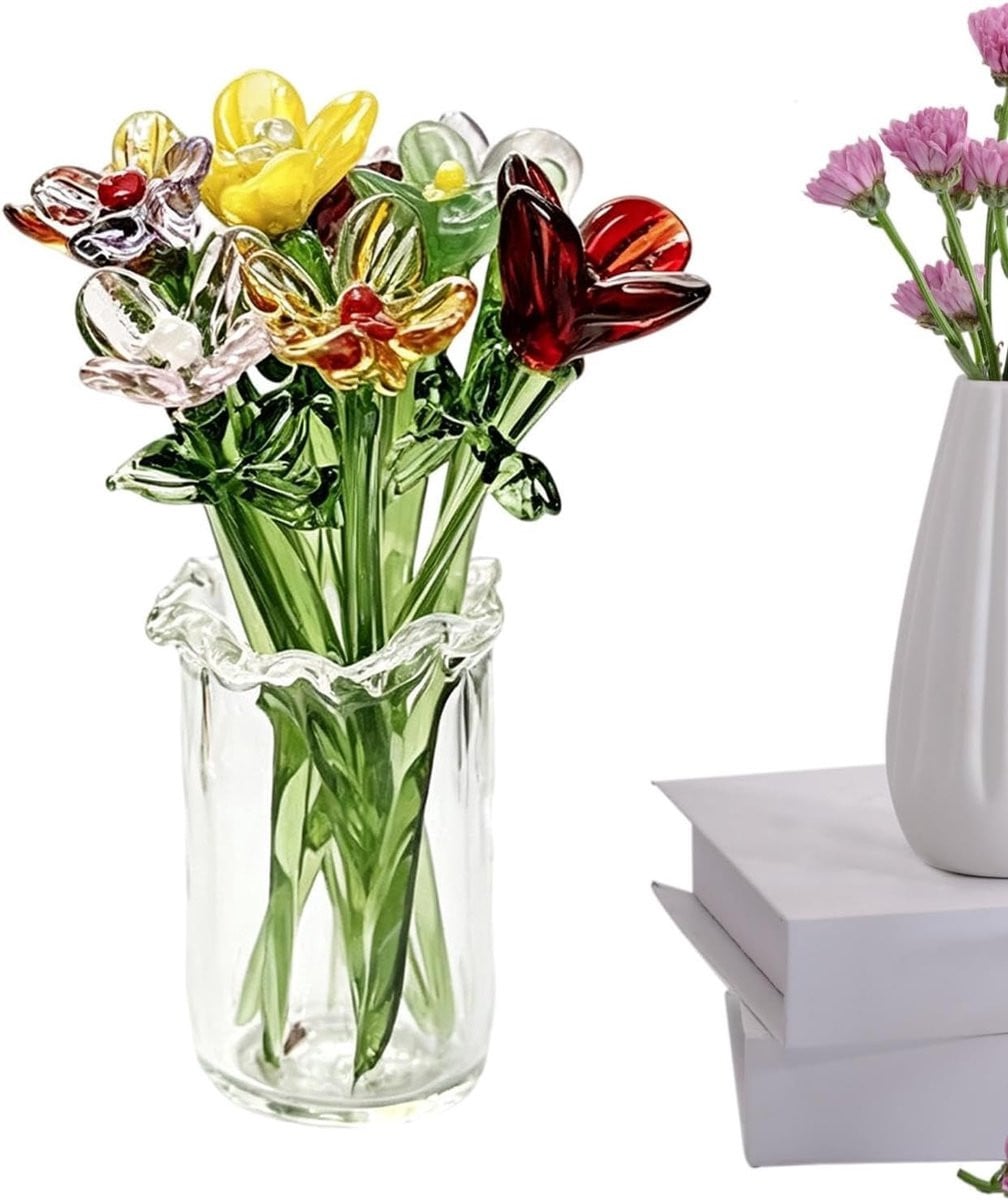 Set van 11 handgeblazen glazen bloemen voor tafeldecoratie, transparant