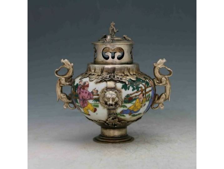 Brûleur d'encens porcelaine antique chinoise incrustée d'argent tibétain