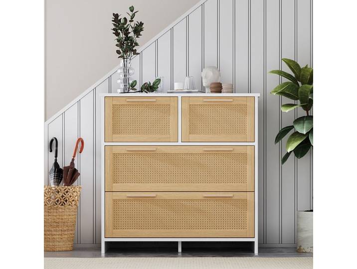 Commode Armoire en rotin 4 tiroirs Poignées en bois massif Pour chambre salon salle à manger Naturel + Blanc 80×80×38 cm