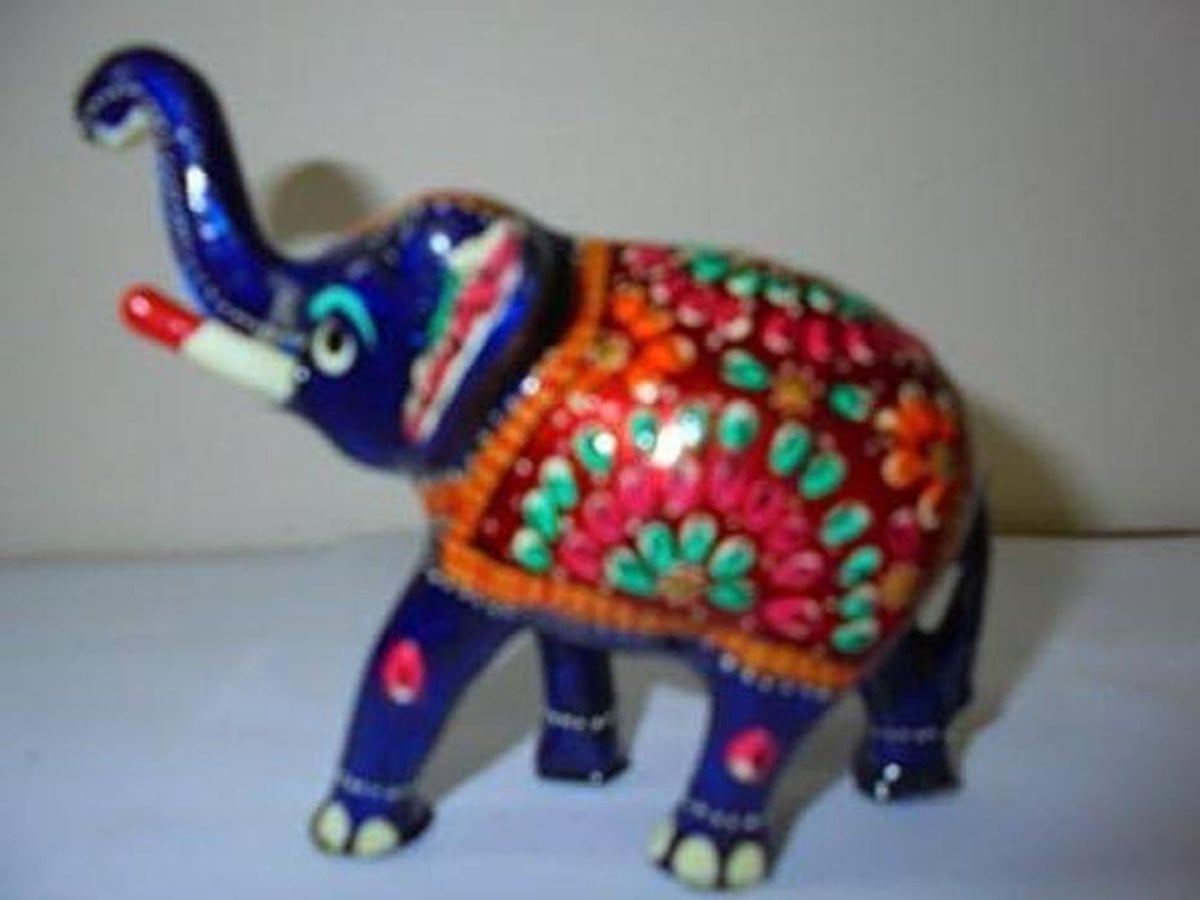 Handgeschilderd Olifant Beeldje met Bloemenmotief - Wit Metaal - Multicolor