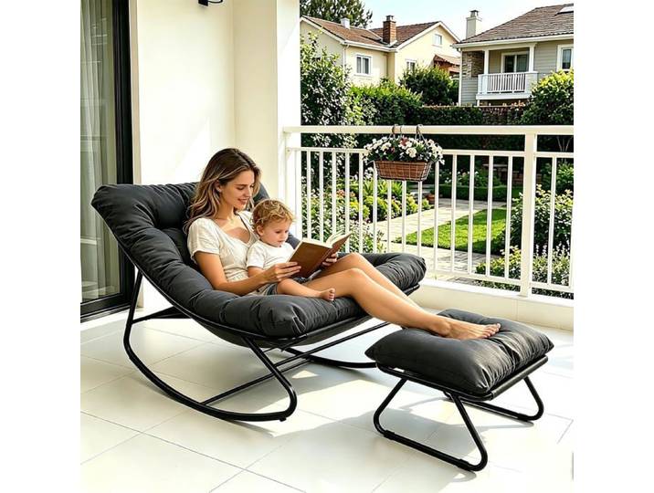 Fauteuil à bascule avec repose-pieds cadre en métal mousse haute densité 11 cm gris 73x81x93 cm