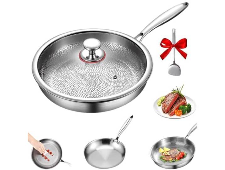 Kovali Titan Bratpfanne Mit Deckel, Titanium Pfanne Unbeschichtet, Titan Pfanne Gehämmerte, Titanpfanne Premium Antihaftbeschichtete Brat Universalpfannen Für Alle Herdarten