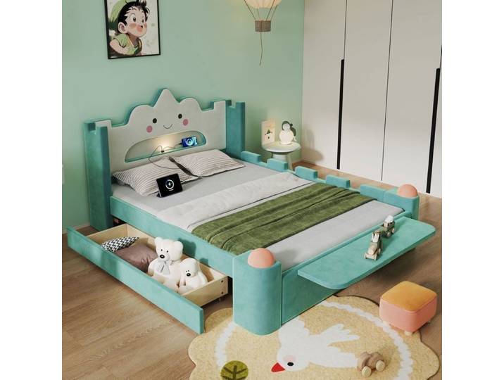 Lit Rangement Enfant - SOGEU - Design Nuage Sourire - 140x200 cm - Velours bleu‑vert - Tiroir réversible lampe LED & USB