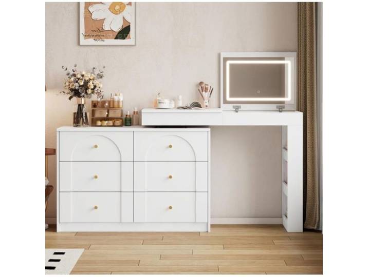 Coiffeuse Table de beauté rotative avec éclairage LED table de coiffure bureau blanc 105 × 40 × 80cm COIFFEUSE