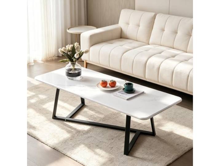 EBOYNSowAprr Moderner rechteckiger Couchtisch für Wohnzimmer Stabiler Metallrahmen im minimalistischen Industriestil, Einfache Montage(White,47.2x23.6x17.7 )