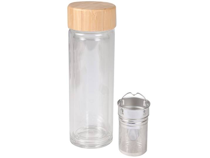 Trinkflasche für Tee, doppelwandiges Glas, Bambusdeckel & Edelstahl-Teesieb, 0,28 L