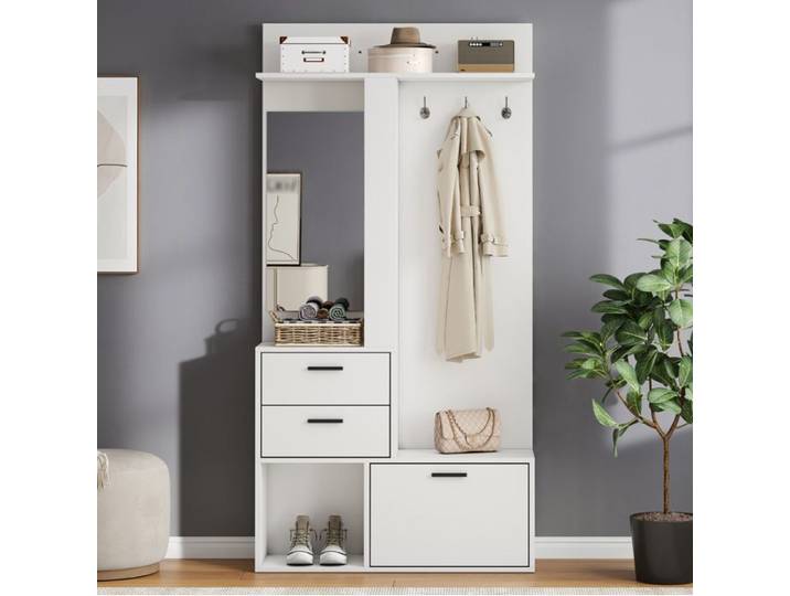 Meuble d'Entrée avec Miroir 2 Tiroirs et 3 Crochets - MODENVIE - Range-Chaussures Basculant MDF Blanc 90×30×180 cm
