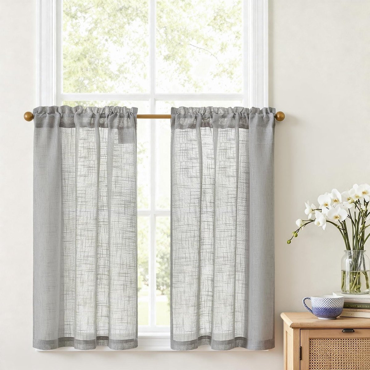 Grijs Vitrage Keukengordijn in Linnenlook - Semi-transparant Voile Bistrogordijn - 65 x 90 cm