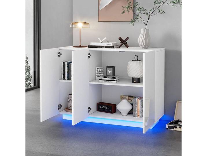 Buffet brillante avec LED commode Armoire Blanc 120x40x75CM