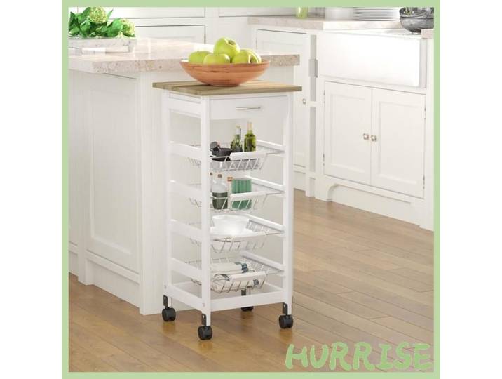 Cocosity Chariot De Service Desserte À Roulettes Multi-Rangements 4 Paniers Métal + Tiroir Bois De Pin 37 X 37 X 82 Cm Blanc