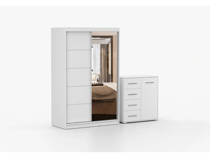 Schwebetürenschrank und Kommode 2er-Set NEOMI 05/FRIDA MINI 01 Weiß Weiß + Spiegel
