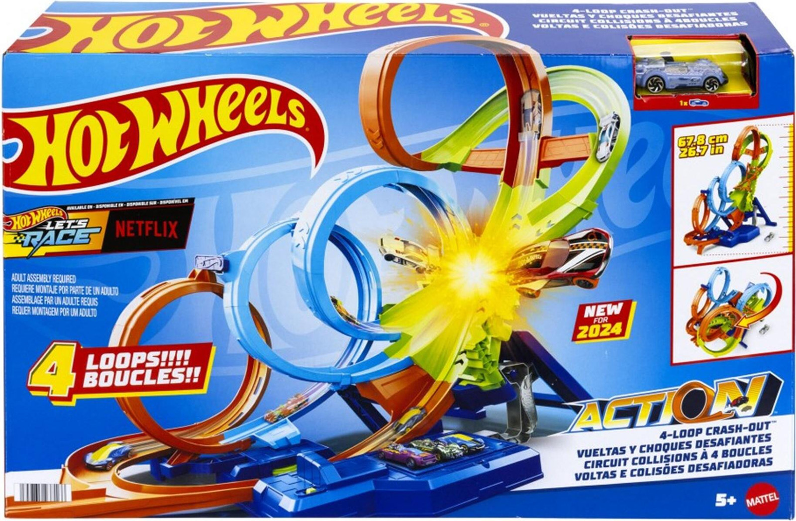 Hot Wheels Crash Gevaar Raceway met 4 lussen, batterijgevoede versneller en 1 auto