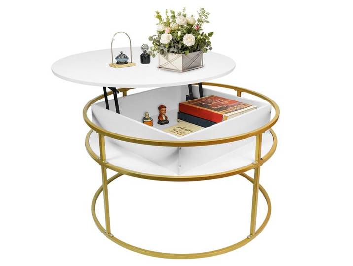 Table basse ronde réglable en hauteur de style industriel QUIIENCLEE cadre métal table basse de salon avec rangement blanc or