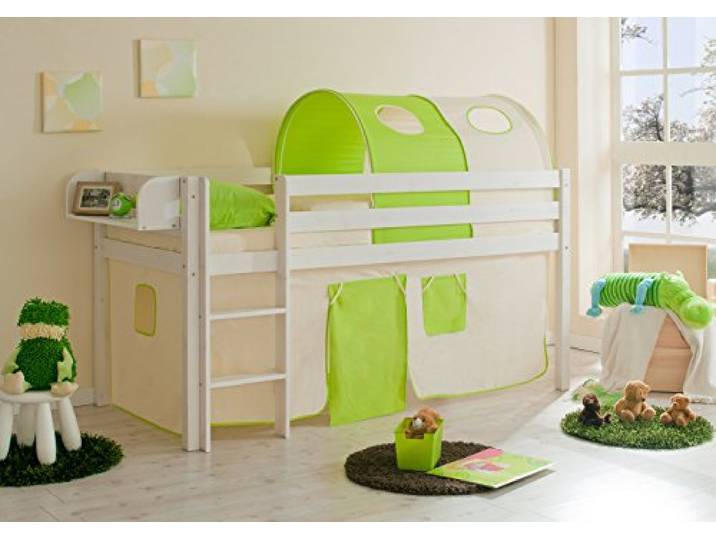 TiCAA Hochbett Spielbett Malte Kiefer massiv Weiss, Vorhangstoff:Beige Grün