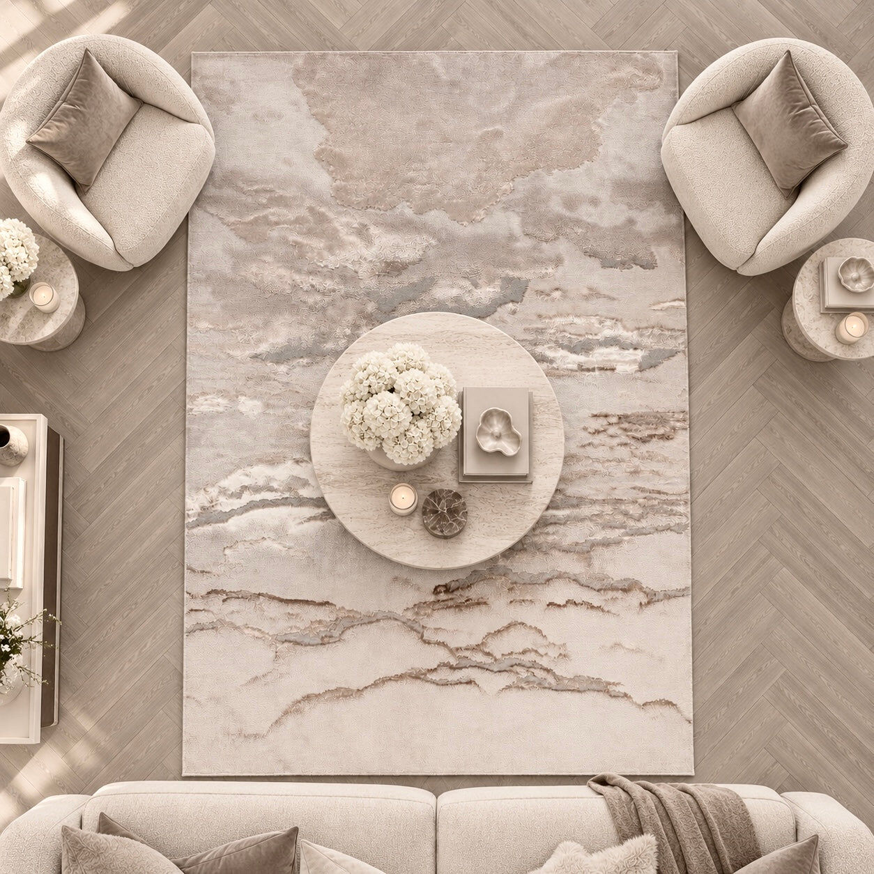 Astoria Cream & Metallic Gold Marble Velvet Rug With Grey Tones, 120 x 170cm