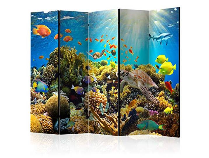 decomonkey Paravent Raumteiler Innen Korallenriff, 225x172 cm, 5-teilig Einseitig, Wasser, Wohnzimmer, Room Divider, Wall, Raumteiler Stehend, Trennwand, Sichtschutz, Spanische Wand, Holz
