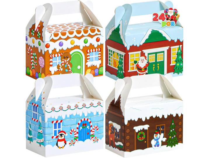 JOYIN 24 pcs Boîtes à friandises en carton de maison de Noël 3D pour cadeaux de fêtes de Noël, Boîtes en papier pour cadeaux, Fournitures de cadeaux de fête pour salle de classe, Boîtes à biscuits en carton pour bonbons