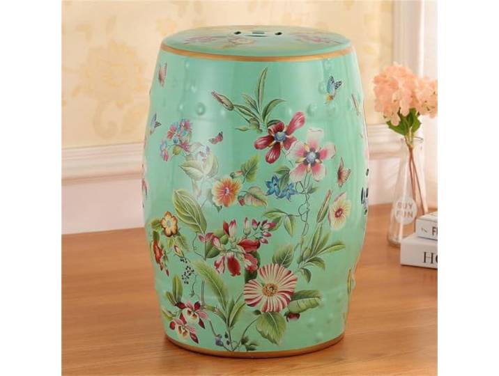 Keramik-Gartenhocker mit Blumendesign – Durchbrochener Beistelltisch Terrassenhocker, 28x46 cm, Deko für drinnen & draußen(Chinoiserie Y)