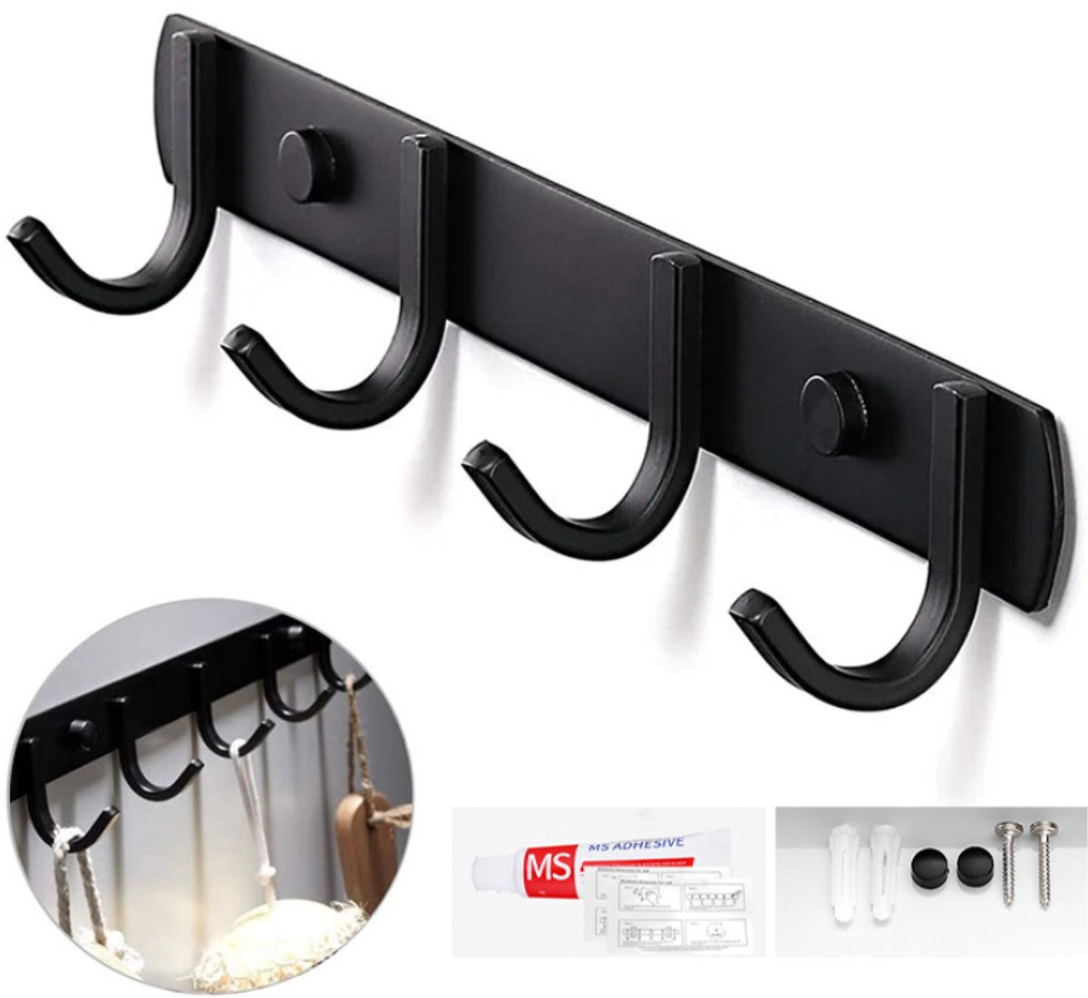 Keukenrail met 4 haken zwart aluminium voor wandmontage