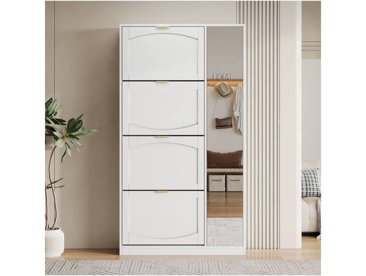 Meuble a Chaussures 4 Compartiments Abattants et Porte Miroir - YEAVIO - Etagere Reglable Blanc 80×24×147 cm